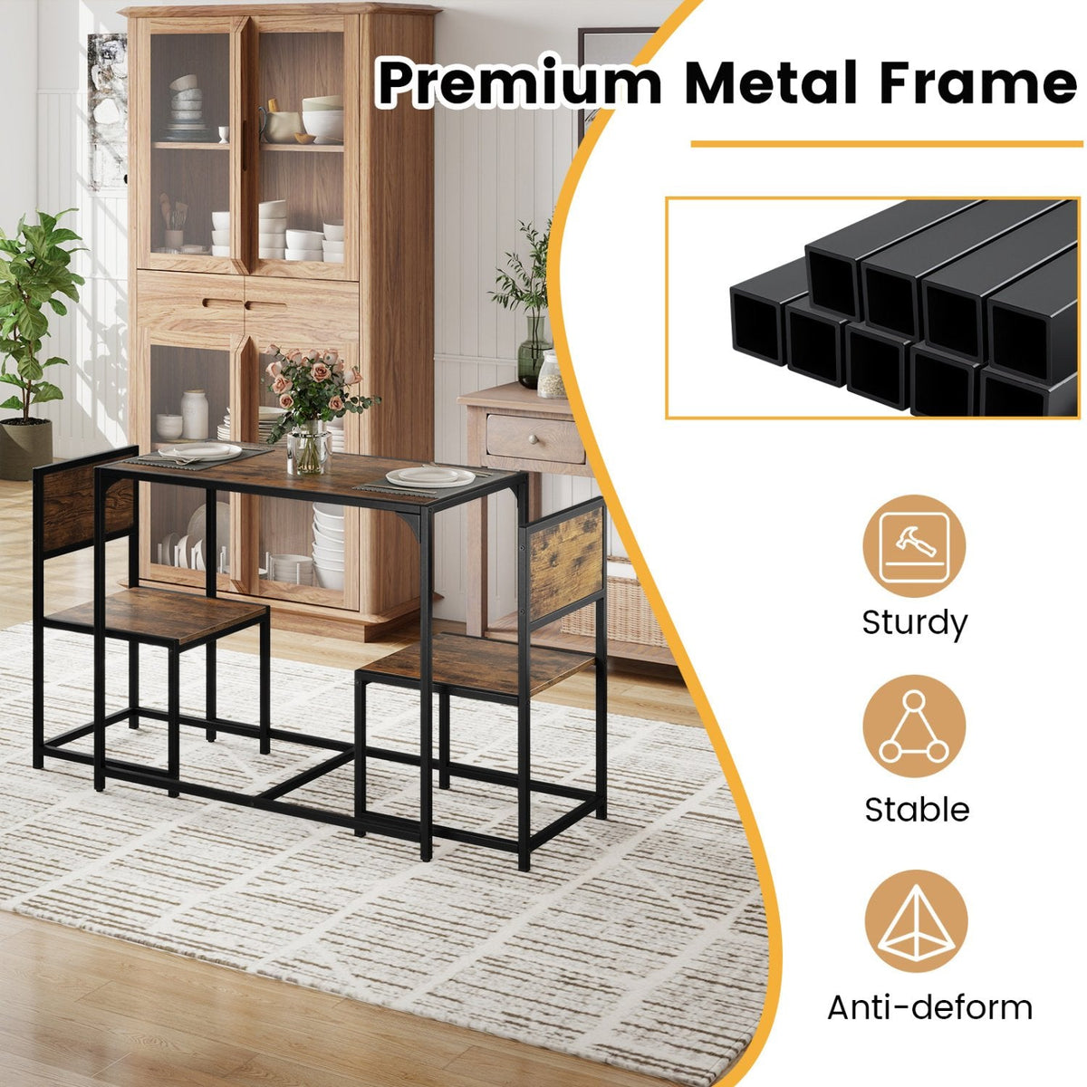 3 Pcs Dining Set Compact Table and 2 Chair with Metal Frame for for Small Space-Coffee