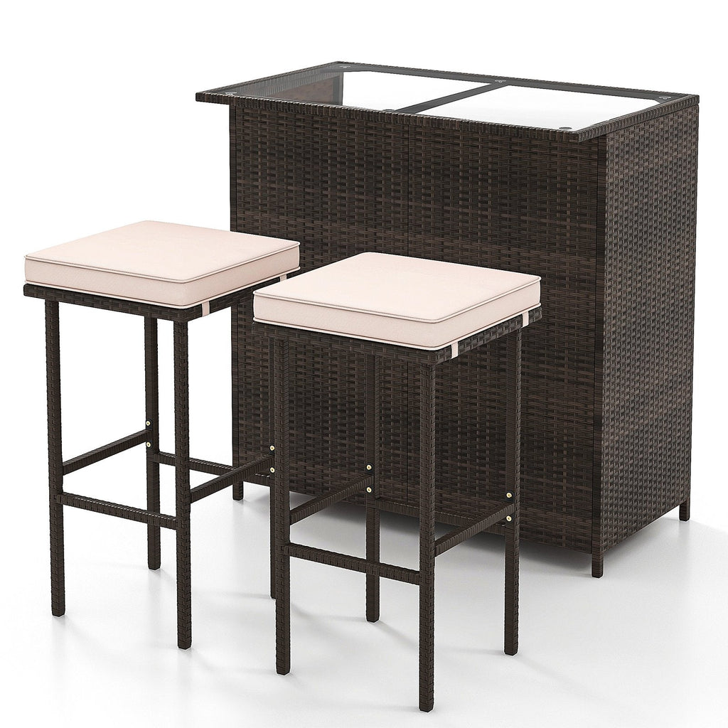 3 Piece Patio Bar Set, Rattan Bar Table with Tempered Glass Top, 2 Tier Storage and 2 Cushioned Stools, Brown