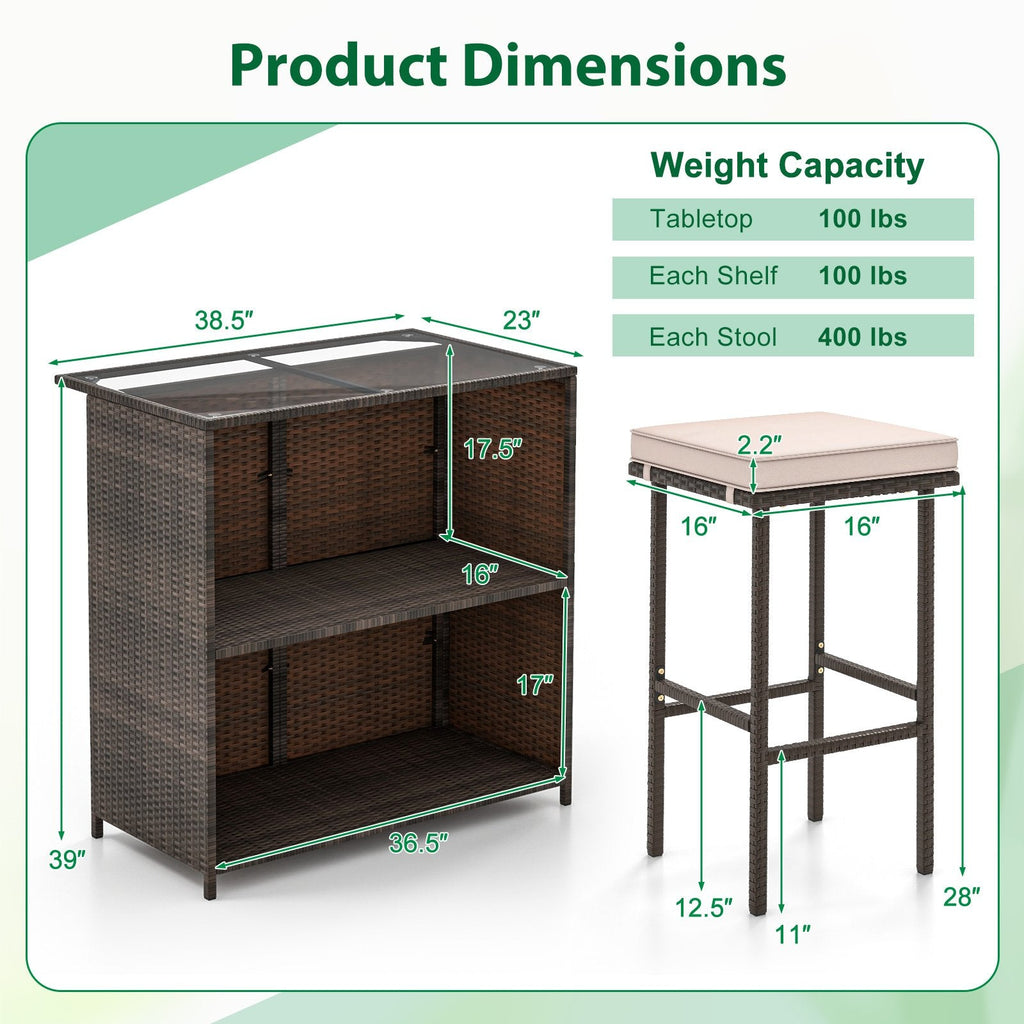3 Piece Patio Bar Set, Rattan Bar Table with Tempered Glass Top, 2 Tier Storage and 2 Cushioned Stools, Brown