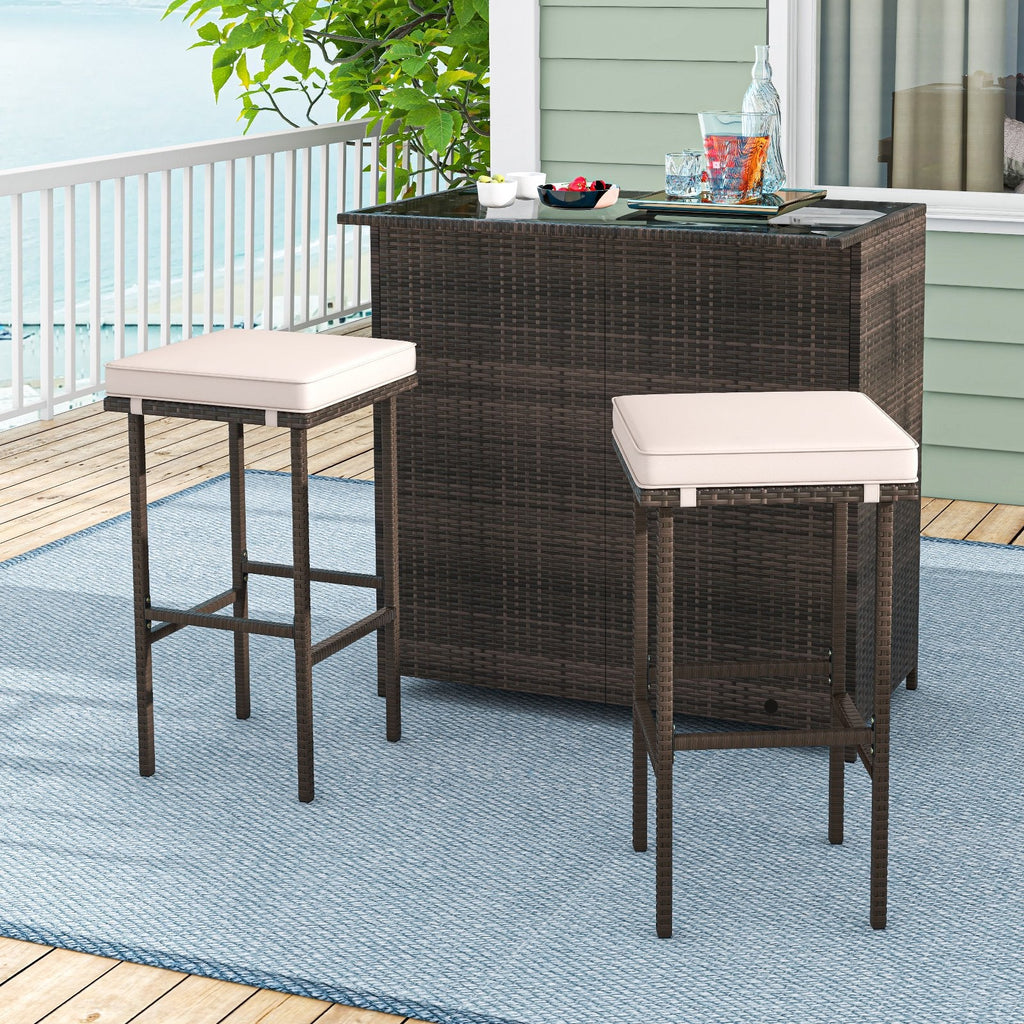 3 Piece Patio Bar Set, Rattan Bar Table with Tempered Glass Top, 2 Tier Storage and 2 Cushioned Stools, Brown