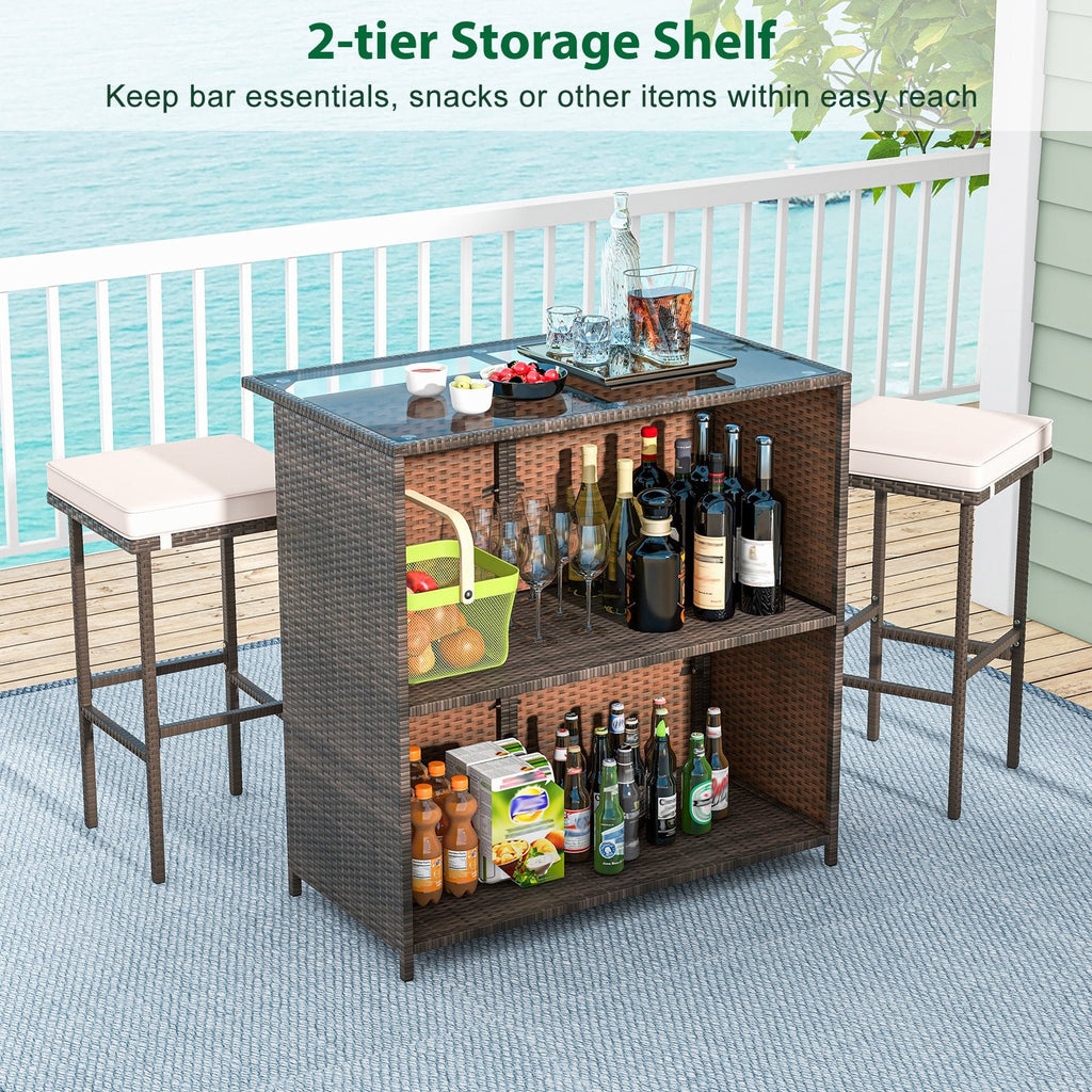 3 Piece Patio Bar Set, Rattan Bar Table with Tempered Glass Top, 2 Tier Storage and 2 Cushioned Stools, Brown
