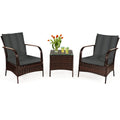 3 Piece Patio Rattan Conversation Set, 2 Chairs Rated Around 360 lb with Rattan Wrapped Armrests, Grey Cushions and Glass Top Table