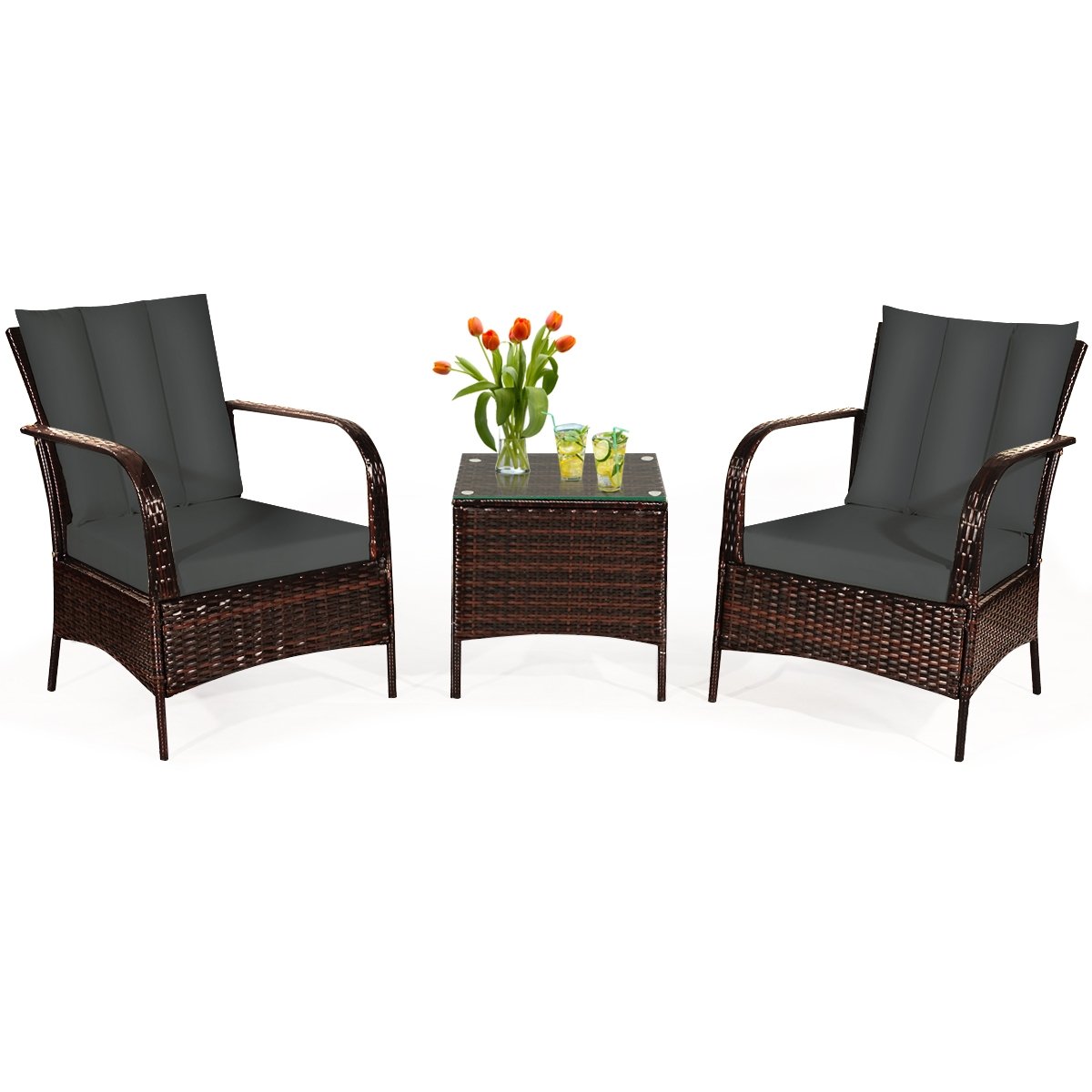 3 Piece Patio Rattan Conversation Set, 2 Chairs Rated Around 360 lb with Rattan Wrapped Armrests, Grey Cushions and Glass Top Table