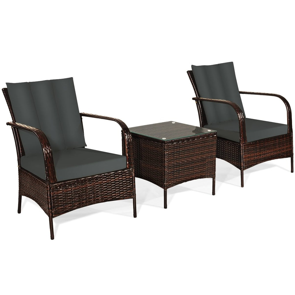 3 Piece Patio Rattan Conversation Set, 2 Chairs Rated Around 360 lb with Rattan Wrapped Armrests, Grey Cushions and Glass Top Table