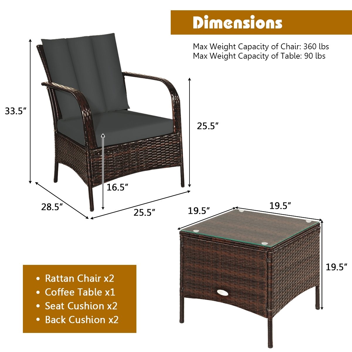 3 Piece Patio Rattan Conversation Set, 2 Chairs Rated Around 360 lb with Rattan Wrapped Armrests, Grey Cushions and Glass Top Table