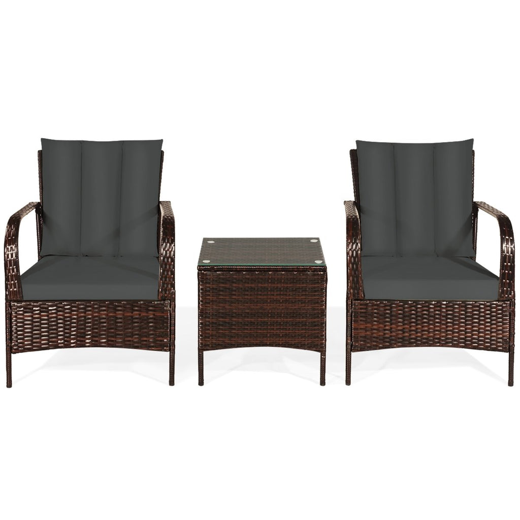 3 Piece Patio Rattan Conversation Set, 2 Chairs Rated Around 360 lb with Rattan Wrapped Armrests, Grey Cushions and Glass Top Table