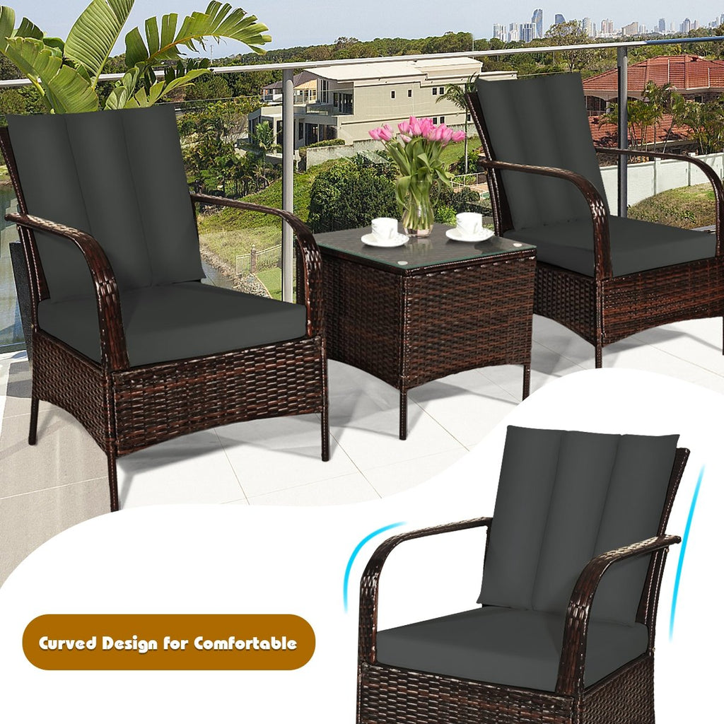 3 Piece Patio Rattan Conversation Set, 2 Chairs Rated Around 360 lb with Rattan Wrapped Armrests, Grey Cushions and Glass Top Table