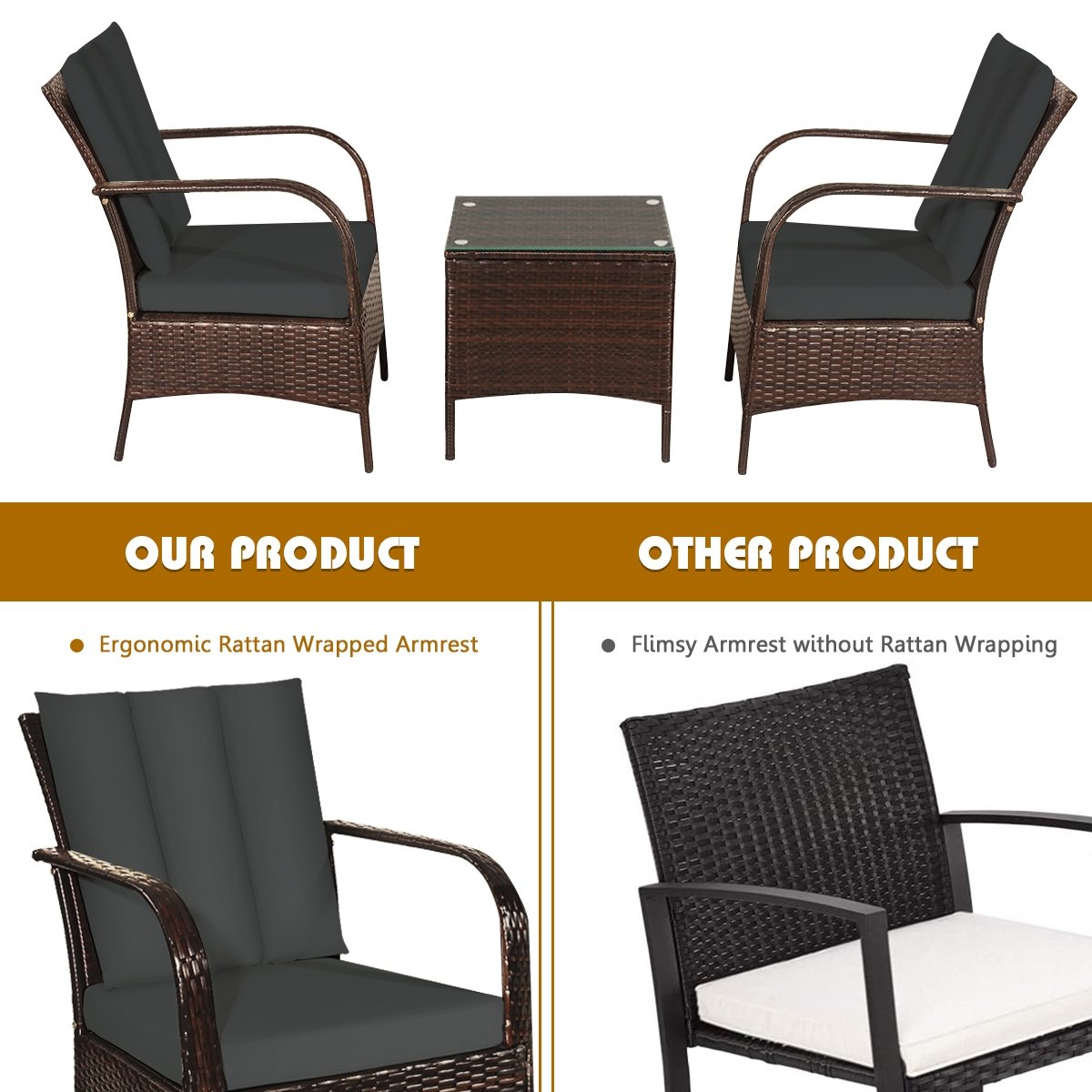 3 Piece Patio Rattan Conversation Set, 2 Chairs Rated Around 360 lb with Rattan Wrapped Armrests, Grey Cushions and Glass Top Table