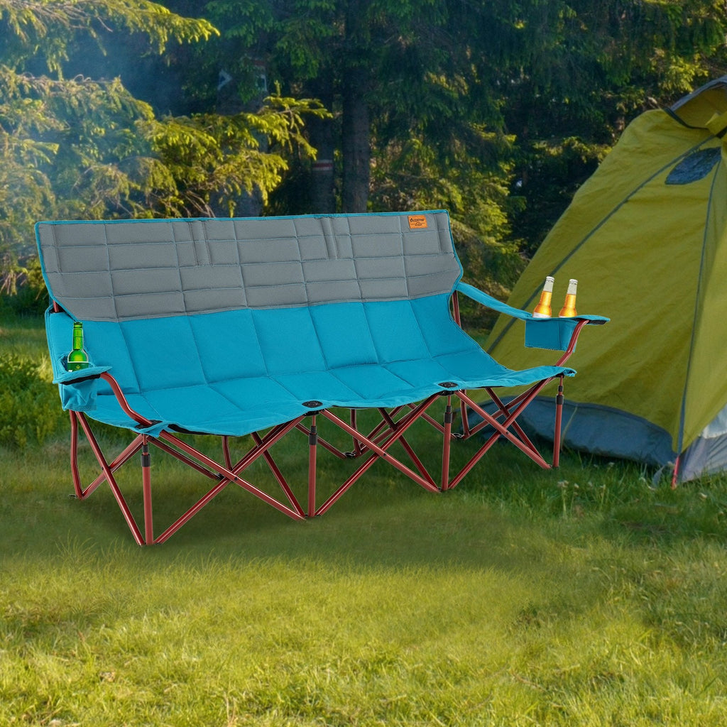 3 Person Folding Camping Chair with 2 Cup Holders Cotton Padding & Storage Bag-Blue