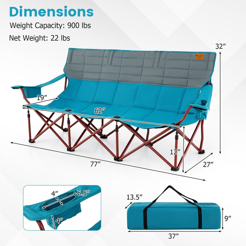 3 Person Folding Camping Chair with 2 Cup Holders Cotton Padding & Storage Bag-Blue
