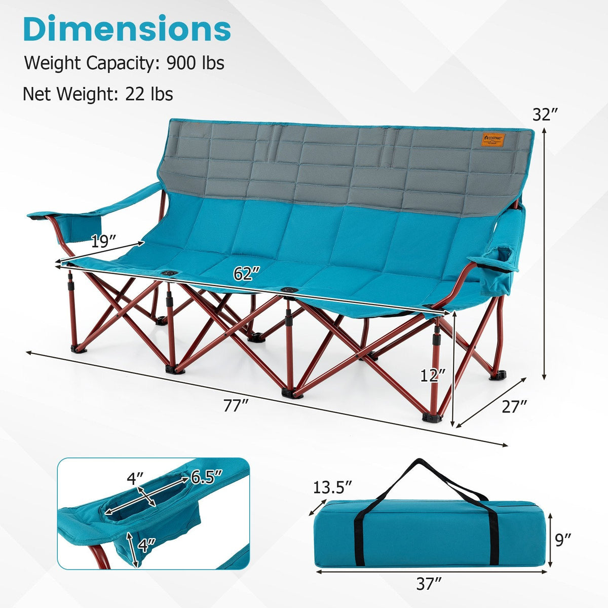 3 Person Folding Camping Chair with 2 Cup Holders Cotton Padding & Storage Bag-Blue