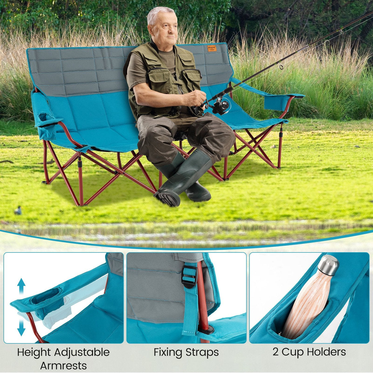 3 Person Folding Camping Chair with 2 Cup Holders Cotton Padding & Storage Bag-Blue
