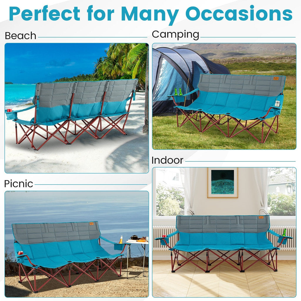 3 Person Folding Camping Chair with 2 Cup Holders Cotton Padding & Storage Bag-Blue