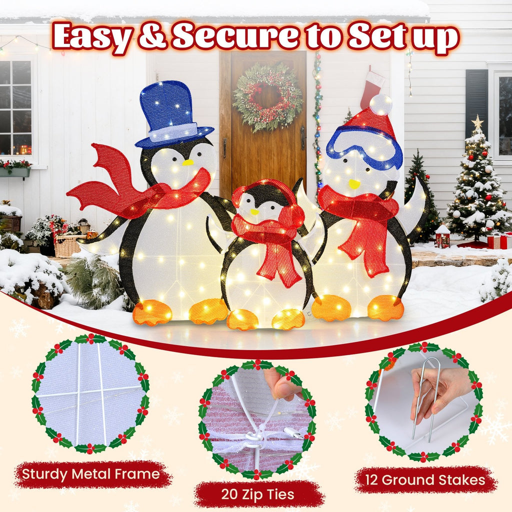 3-Piece 2D Lighted Penguin Family Christmas Decoration with 160 LED Lights