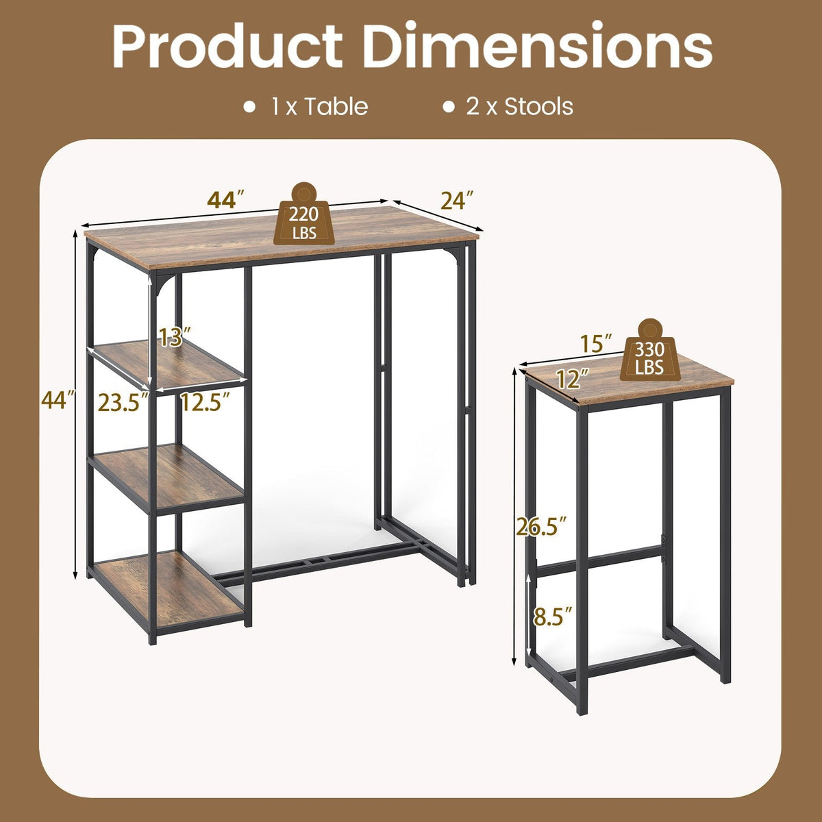 3-Piece Bar Table Set for 2 Bar-Height Dining Table with 2 Stools-Rustic Brown