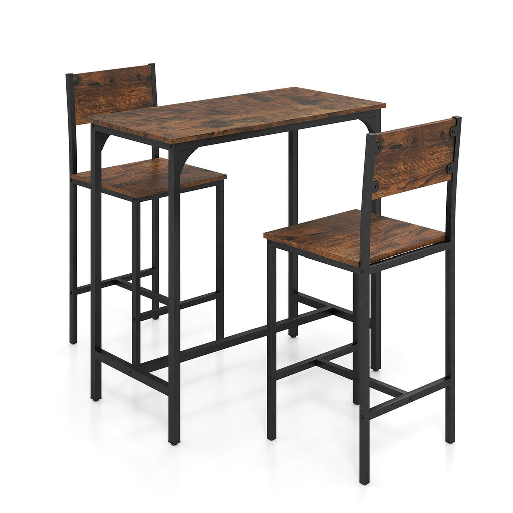 3 Piece Bar Table Set with Backrest and Footrest for Small Space-Rustic Brown