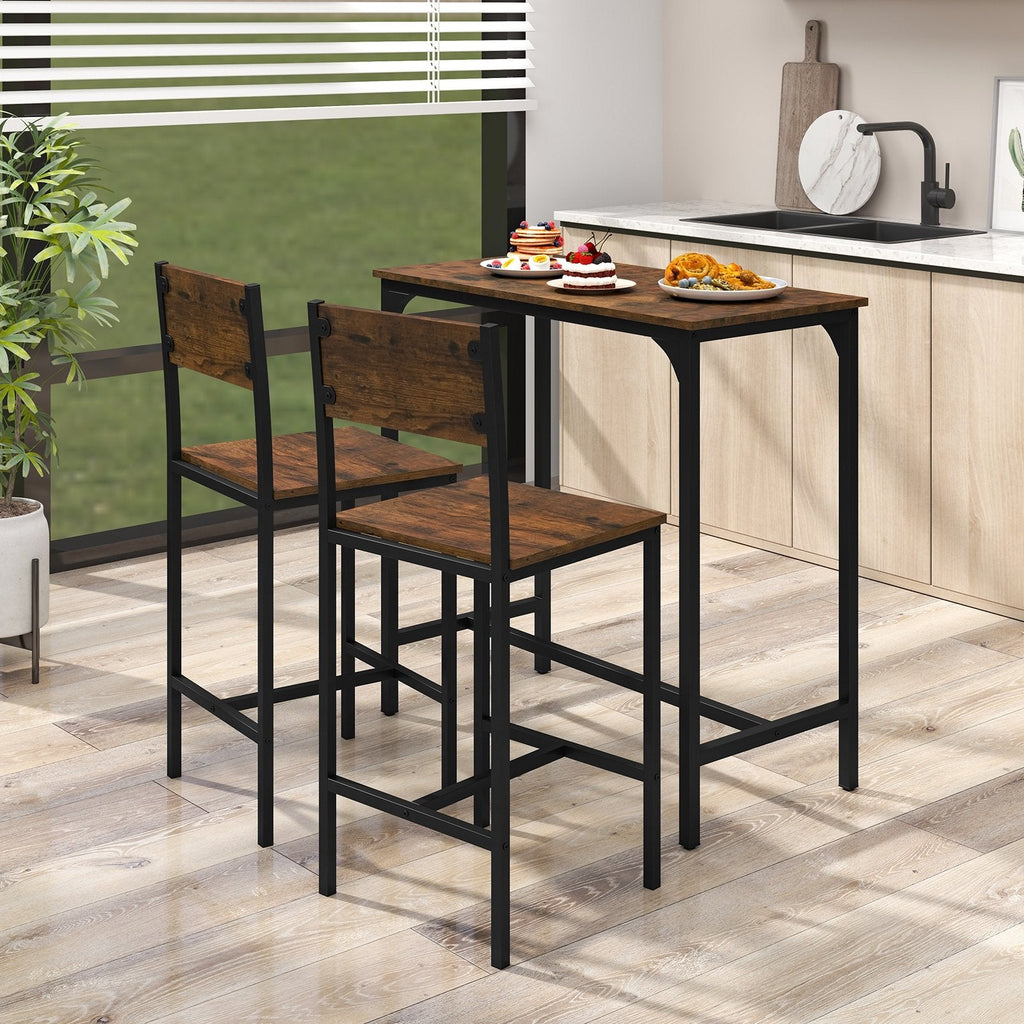 3 Piece Bar Table Set with Backrest and Footrest for Small Space-Rustic Brown