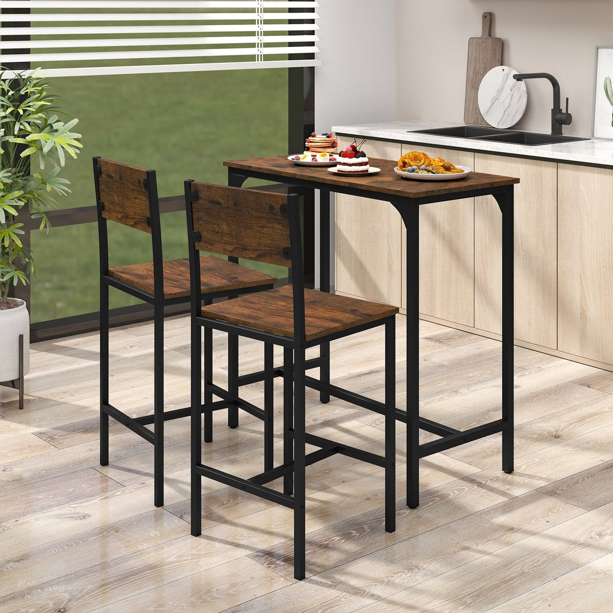 3 Piece Bar Table Set with Backrest and Footrest for Small Space-Rustic Brown
