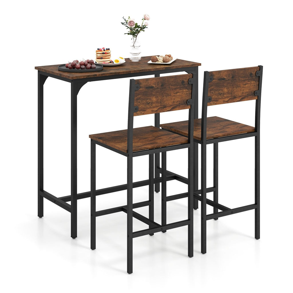 3 Piece Bar Table Set with Backrest and Footrest for Small Space-Rustic Brown