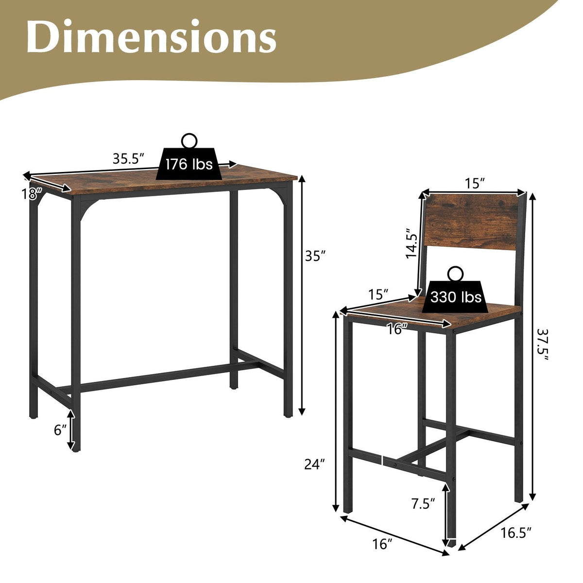 3 Piece Bar Table Set with Backrest and Footrest for Small Space-Rustic Brown