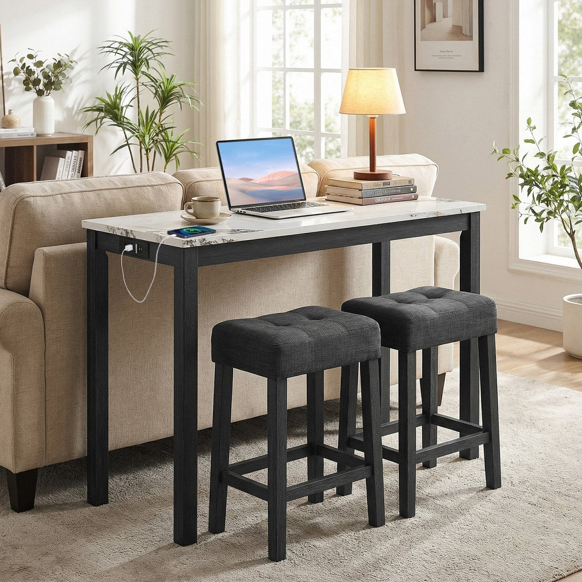 3-Piece Bar Table Set with Charging Station and Faux Marble Top-White