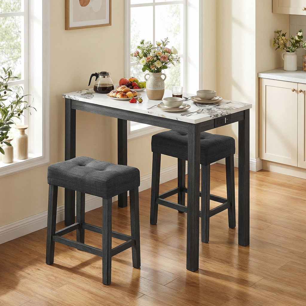3-Piece Bar Table Set with Charging Station and Faux Marble Top-White