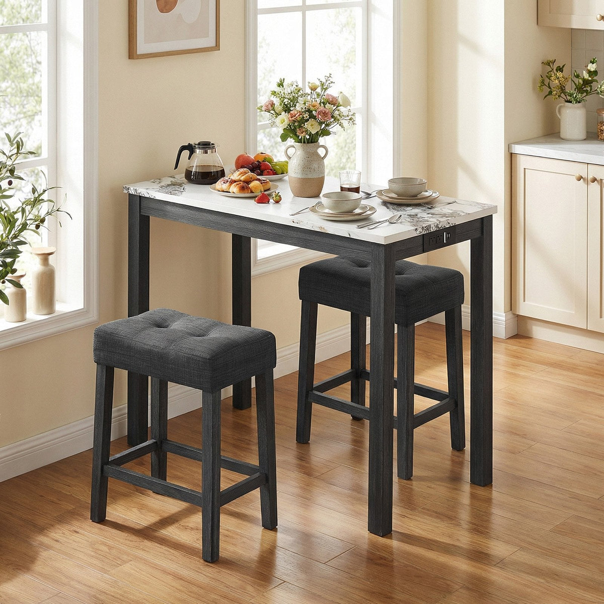 3-Piece Bar Table Set with Charging Station and Faux Marble Top-White