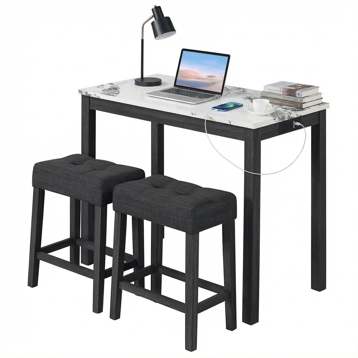 3-Piece Bar Table Set with Charging Station and Faux Marble Top-White