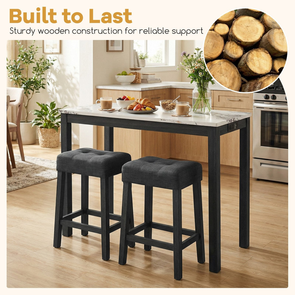 3-Piece Bar Table Set with Charging Station and Faux Marble Top-White