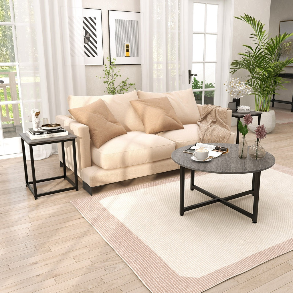 3-Piece Coffee Table Set, Round Coffee Table with 2 Square End Tables, Grey