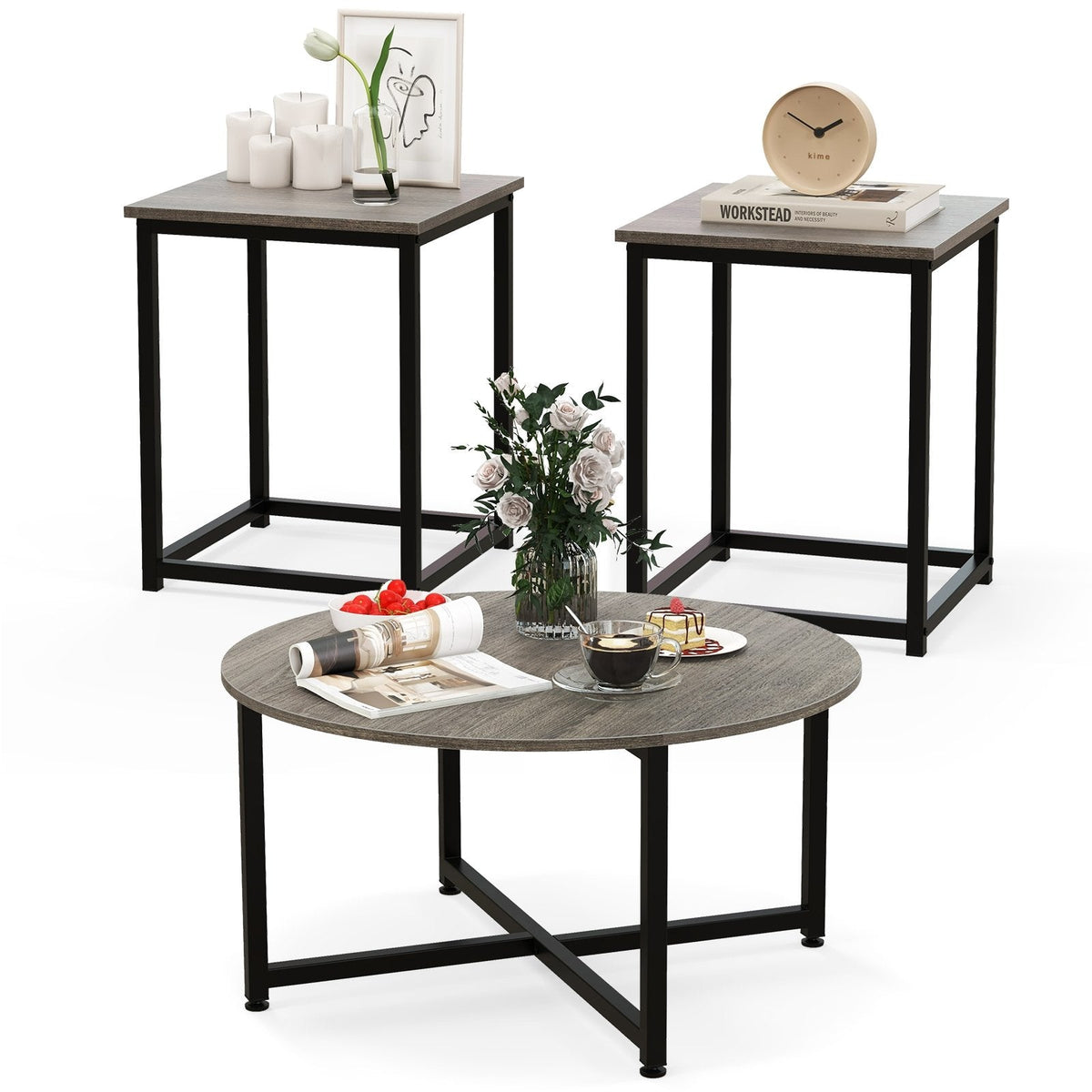 3-Piece Coffee Table Set, Round Coffee Table with 2 Square End Tables, Grey