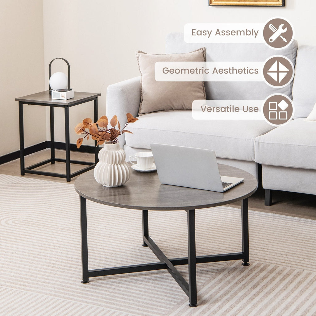 3-Piece Coffee Table Set, Round Coffee Table with 2 Square End Tables, Grey