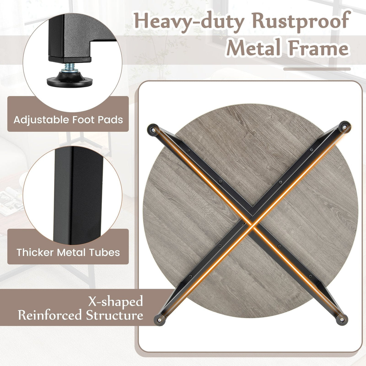 3-Piece Coffee Table Set, Round Coffee Table with 2 Square End Tables, Grey