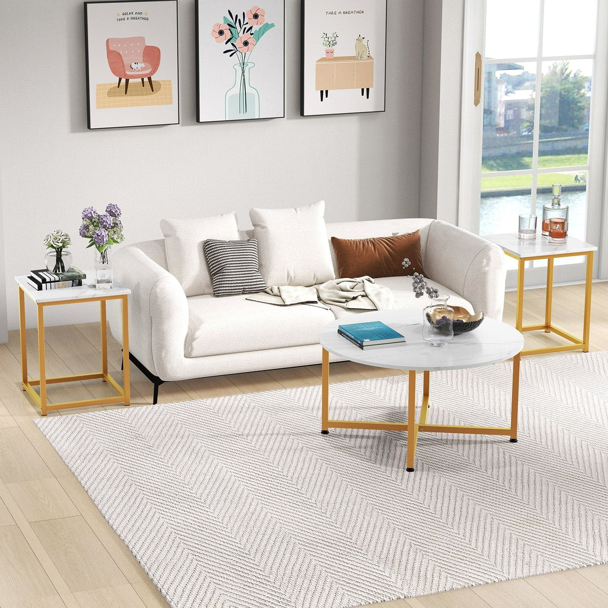 3-Piece Coffee Table Set, Round Coffee Table with 2 Square End Tables, White and Gold