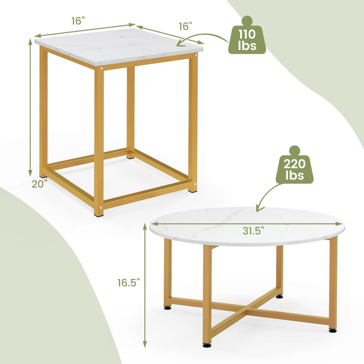 3-Piece Coffee Table Set, Round Coffee Table with 2 Square End Tables, White and Gold
