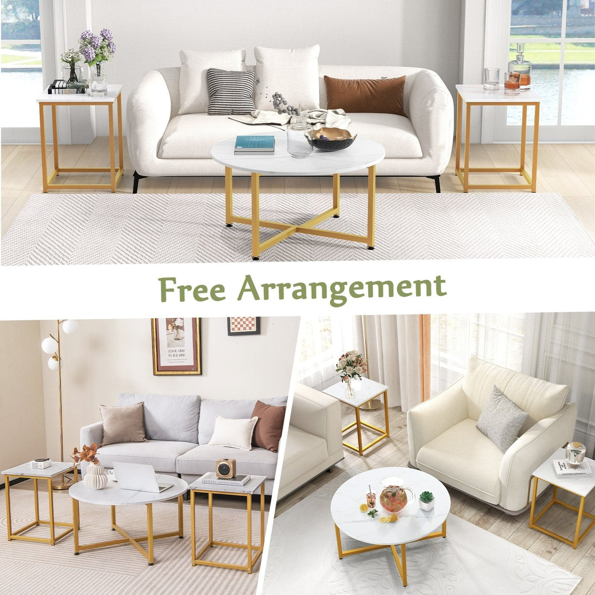 3-Piece Coffee Table Set, Round Coffee Table with 2 Square End Tables, White and Gold