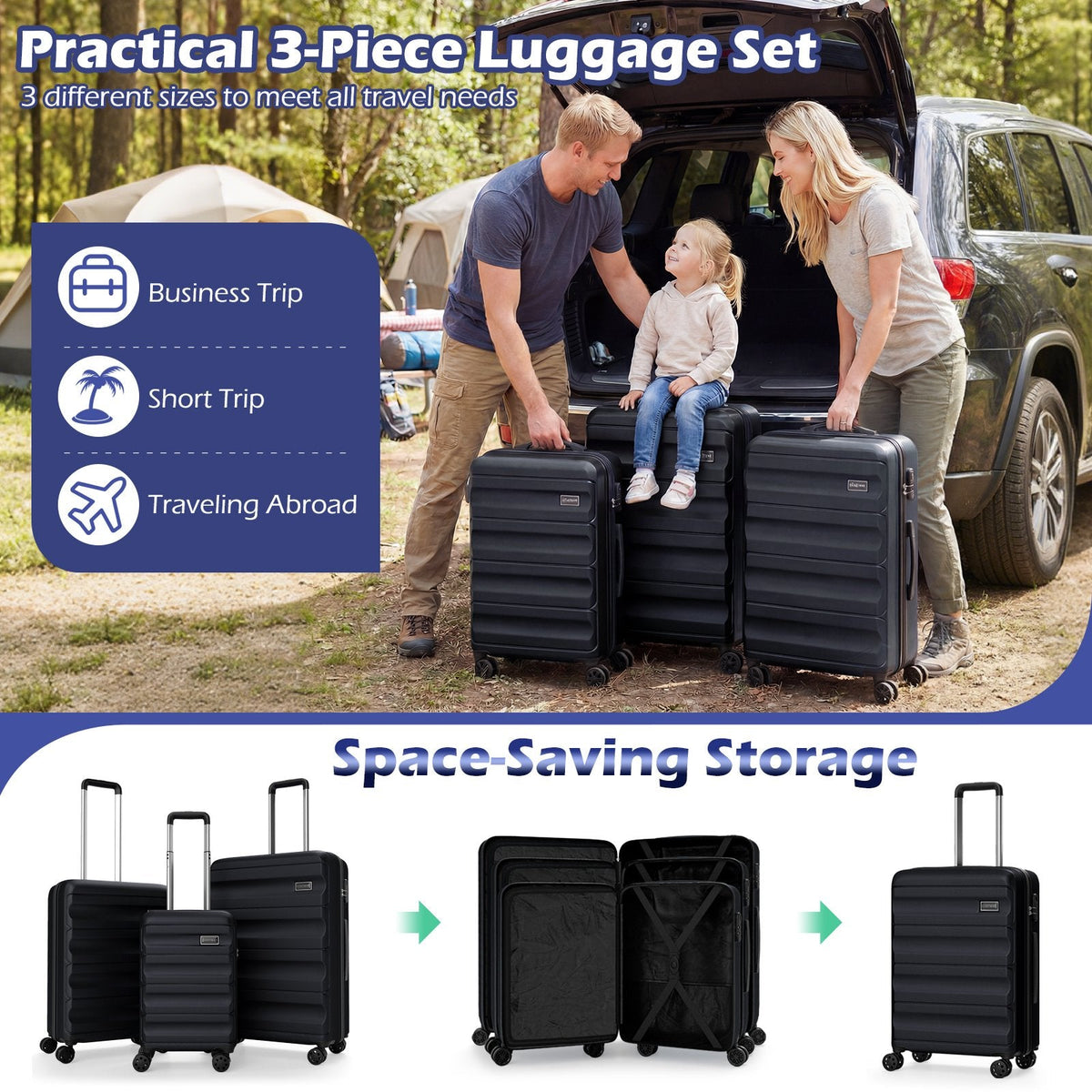 3-Piece Hardside Luggage Set 20/24/28 Inch Lightweight Hardside Suitcases-Black