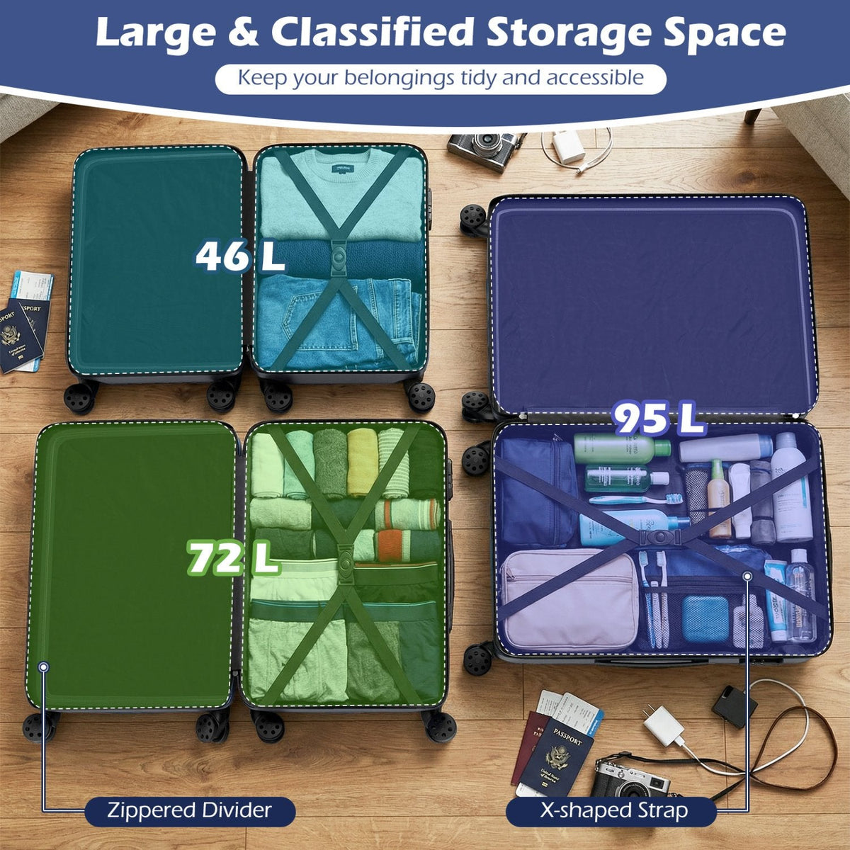 3-Piece Hardside Luggage Set Lightweight Hardside Suitcases with 8-Spinner Wheels-Grey