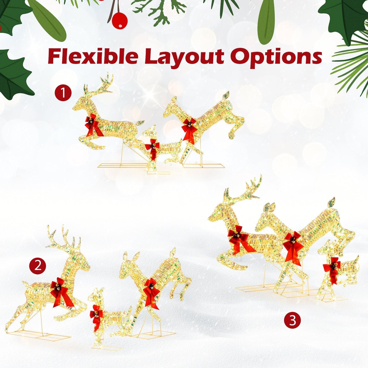 3-Piece Lighted Christmas Reindeer Family with LED Lights and Bows