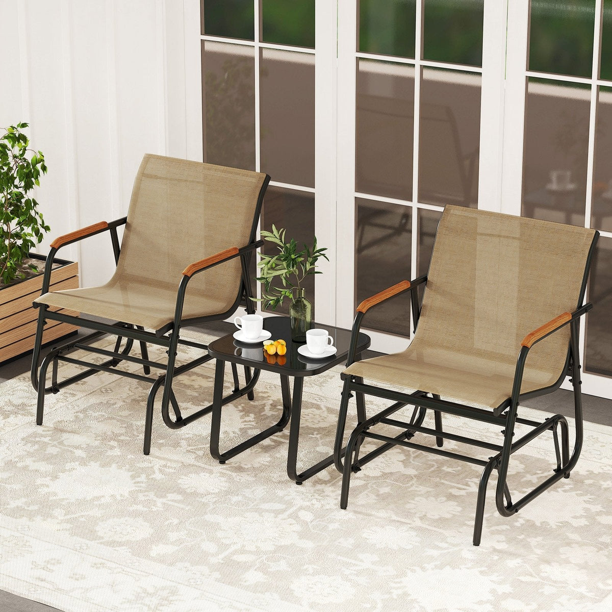 3 Piece Patio Glider Bistro Set, 2 Coffee Sling Glider Chairs Rated 330 lb with Teak Armrests and a Glass Top Side Table