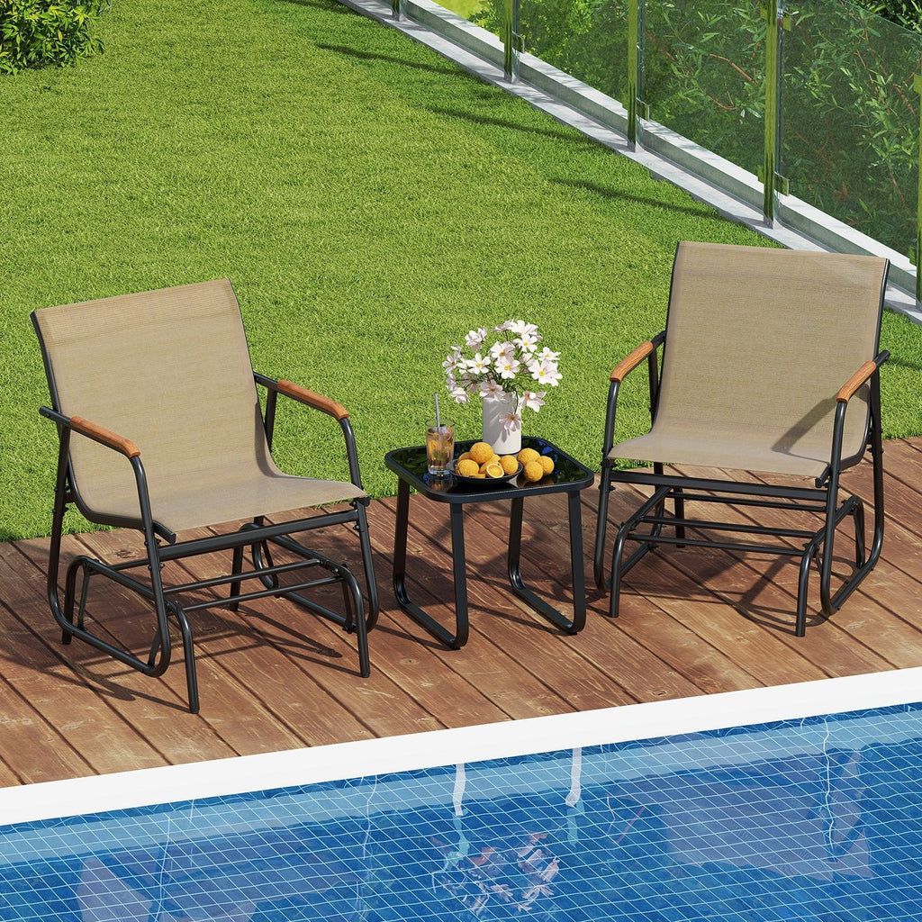3 Piece Patio Glider Bistro Set, 2 Coffee Sling Glider Chairs Rated 330 lb with Teak Armrests and a Glass Top Side Table