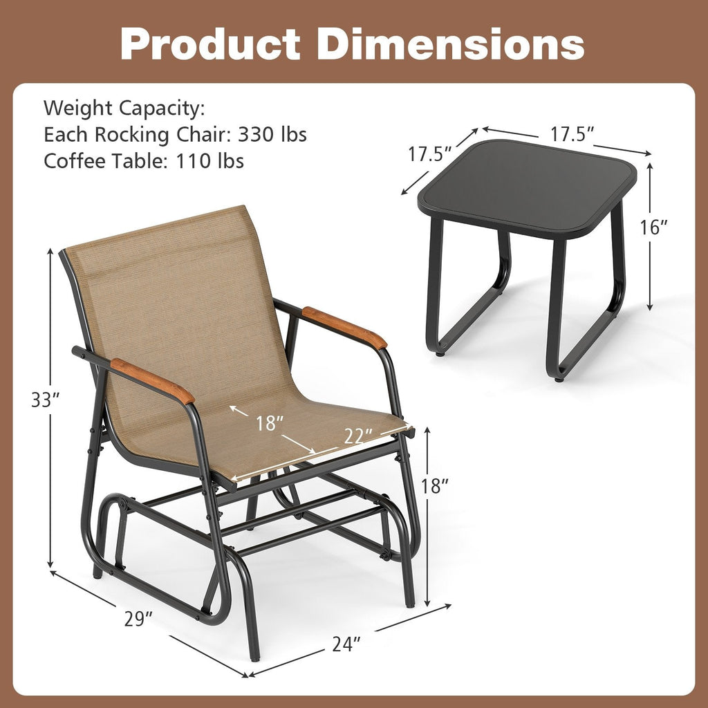 3 Piece Patio Glider Bistro Set, 2 Coffee Sling Glider Chairs Rated 330 lb with Teak Armrests and a Glass Top Side Table