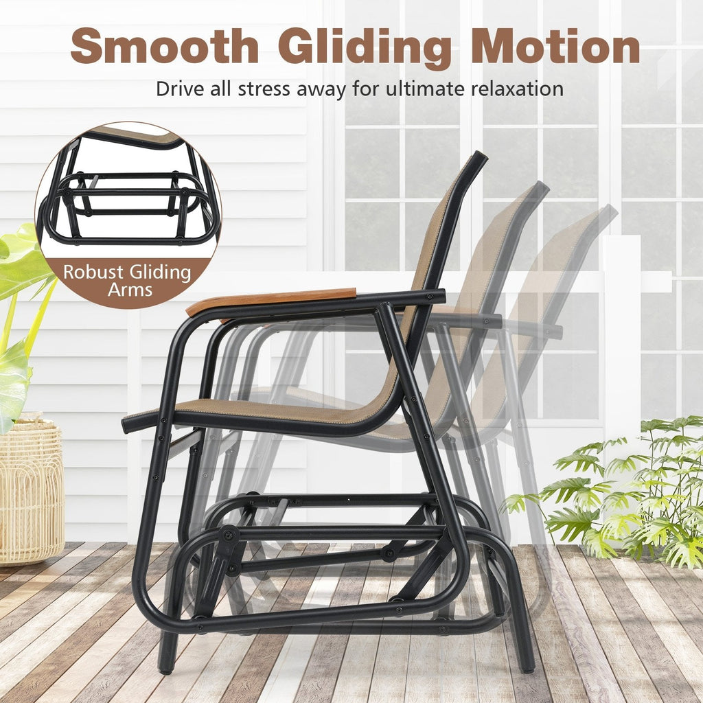 3 Piece Patio Glider Bistro Set, 2 Coffee Sling Glider Chairs Rated 330 lb with Teak Armrests and a Glass Top Side Table