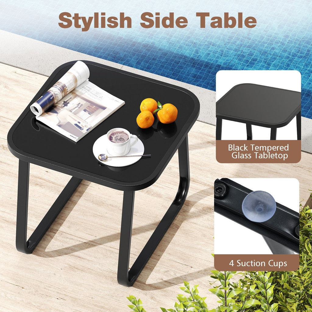 3 Piece Patio Glider Bistro Set, 2 Coffee Sling Glider Chairs Rated 330 lb with Teak Armrests and a Glass Top Side Table