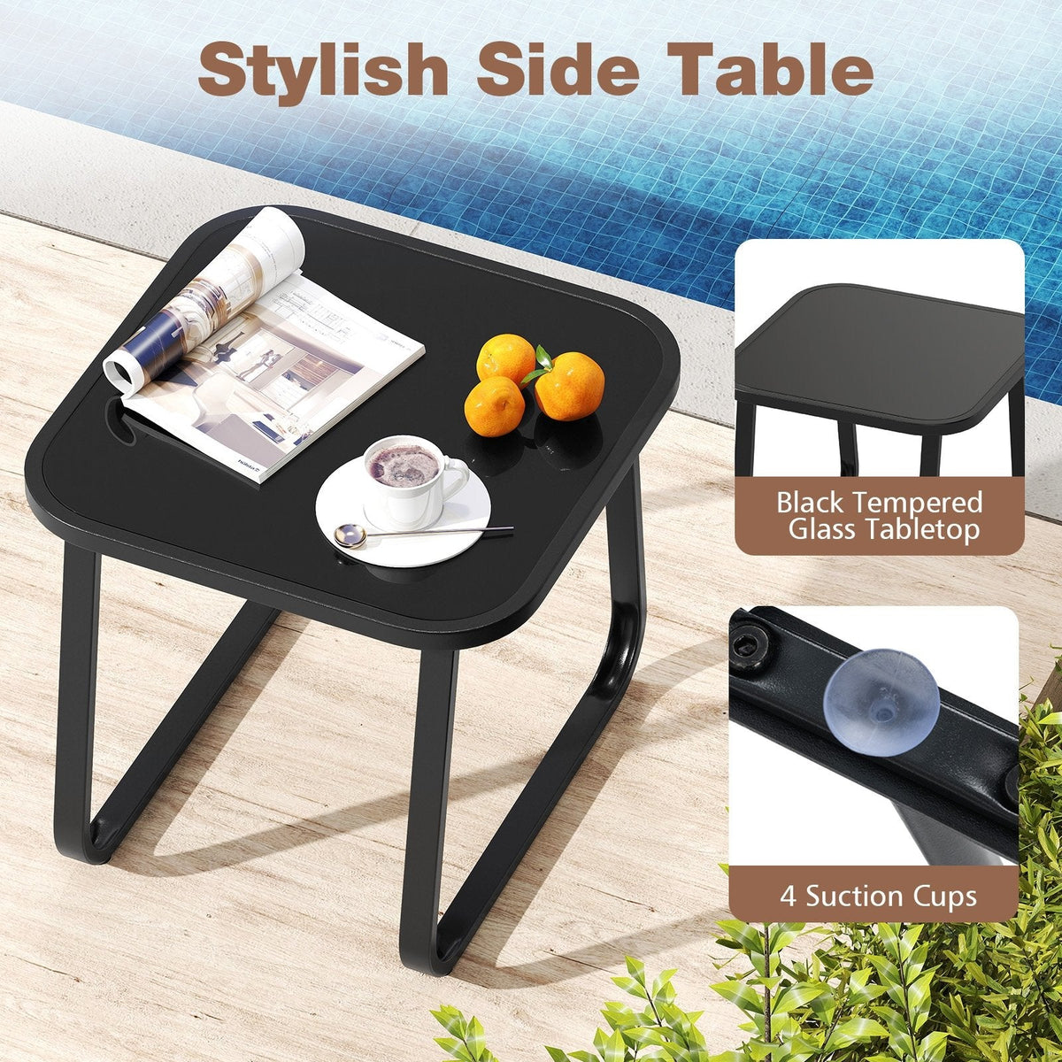 3 Piece Patio Glider Bistro Set, 2 Coffee Sling Glider Chairs Rated 330 lb with Teak Armrests and a Glass Top Side Table