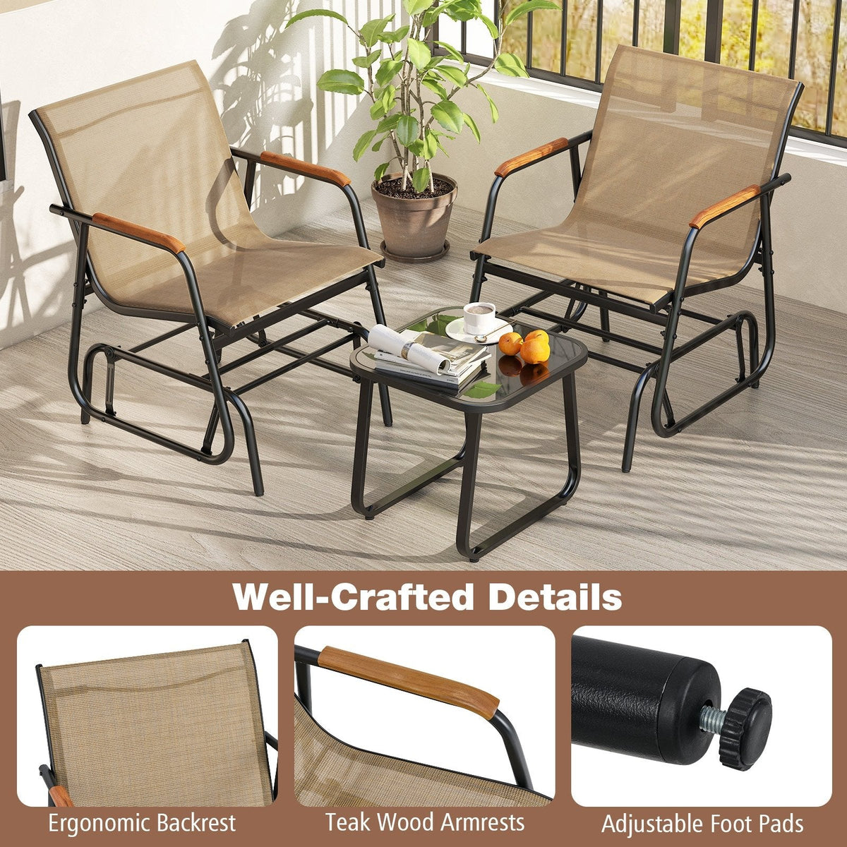 3 Piece Patio Glider Bistro Set, 2 Coffee Sling Glider Chairs Rated 330 lb with Teak Armrests and a Glass Top Side Table