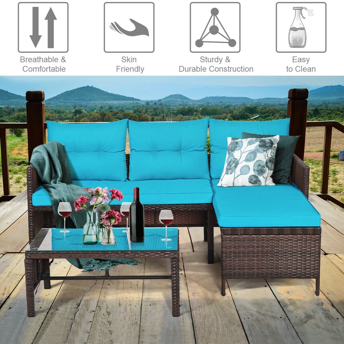 3 Piece L Shaped Patio Wicker Sofa Set with Corner Chaise, Turquoise Cushions and a 31.5 in Glass Top Coffee Table