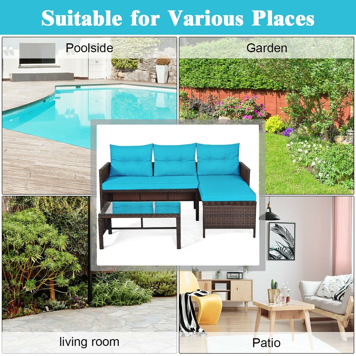 3 Piece L Shaped Patio Wicker Sofa Set with Corner Chaise, Turquoise Cushions and a 31.5 in Glass Top Coffee Table
