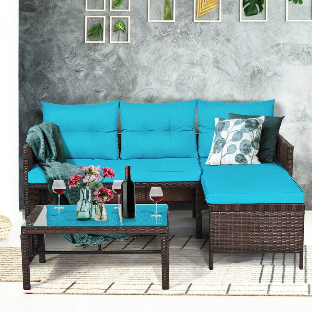 3 Piece L Shaped Patio Wicker Sofa Set with Corner Chaise, Turquoise Cushions and a 31.5 in Glass Top Coffee Table