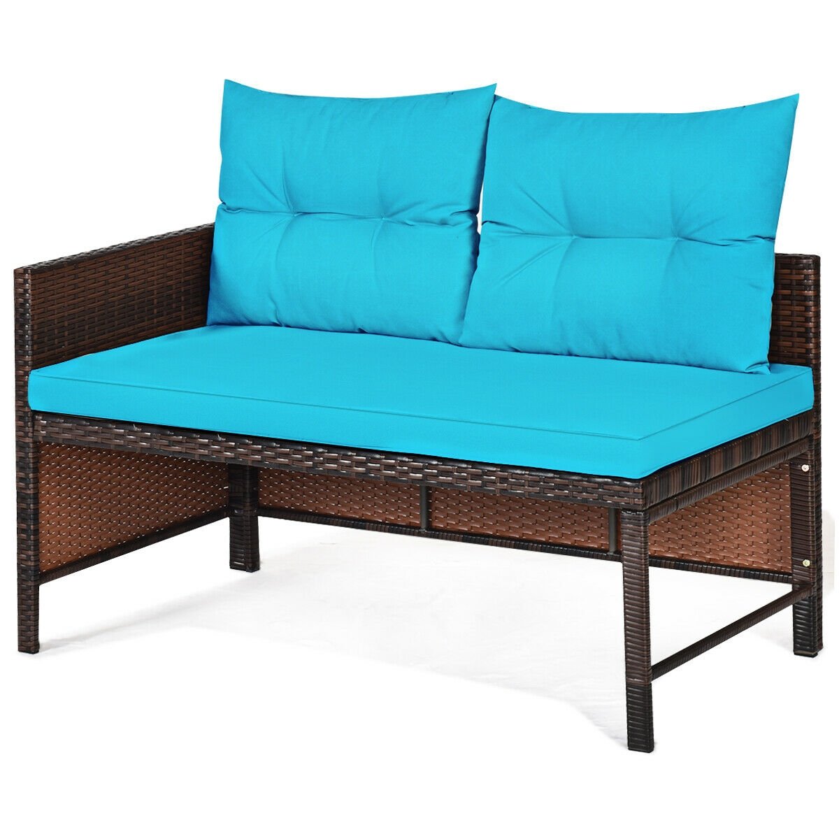 3 Piece L Shaped Patio Wicker Sofa Set with Corner Chaise, Turquoise Cushions and a 31.5 in Glass Top Coffee Table